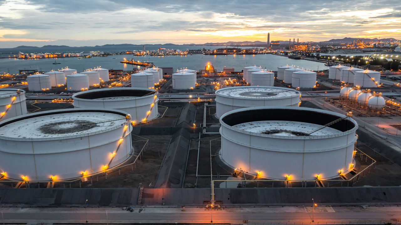 Aerial view of an oil and gas storage tank farm