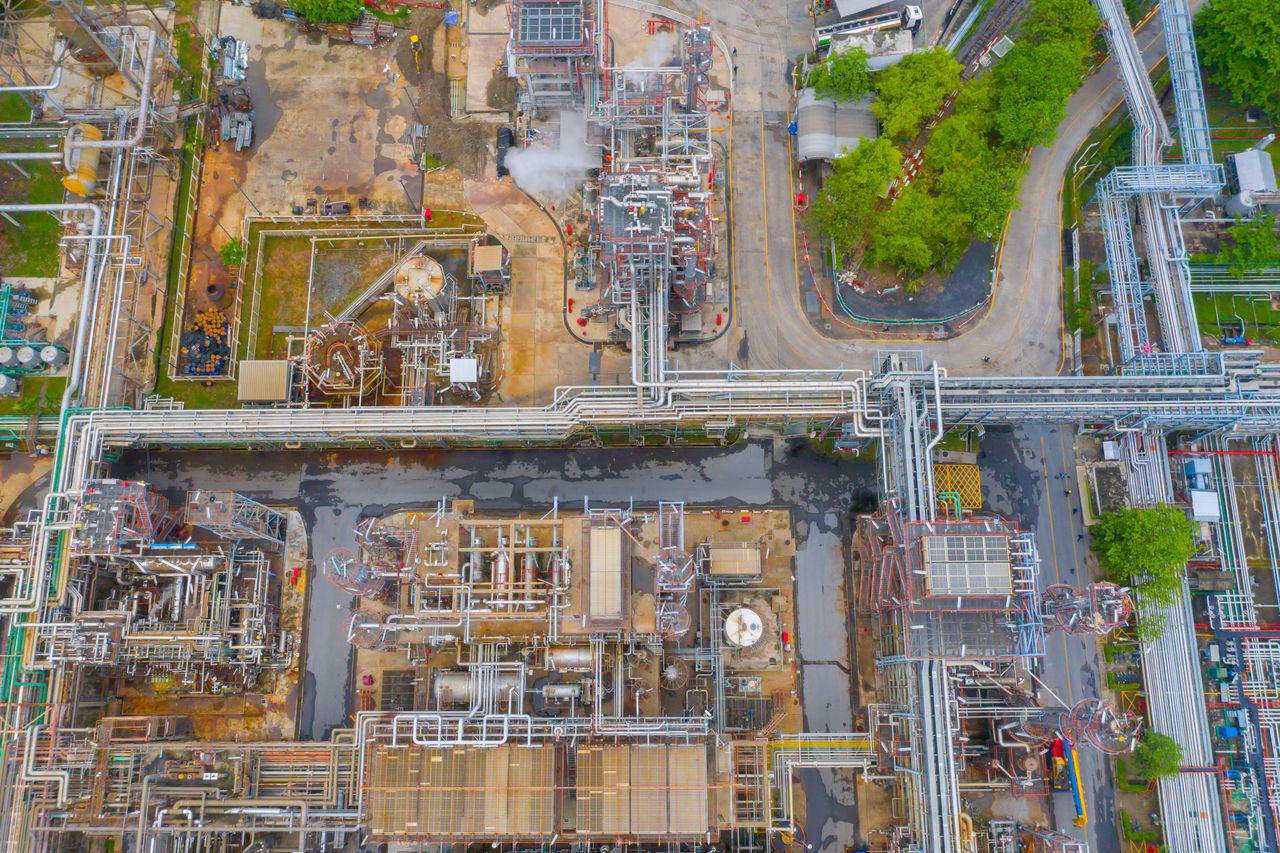 Aerial view of industrial oil refinery complex